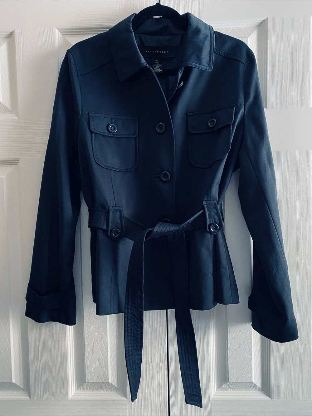APOSTROPHE NAVY SHORT TRENCH COAT STYLE BLAZER CAREER TRAVEL Blue 14